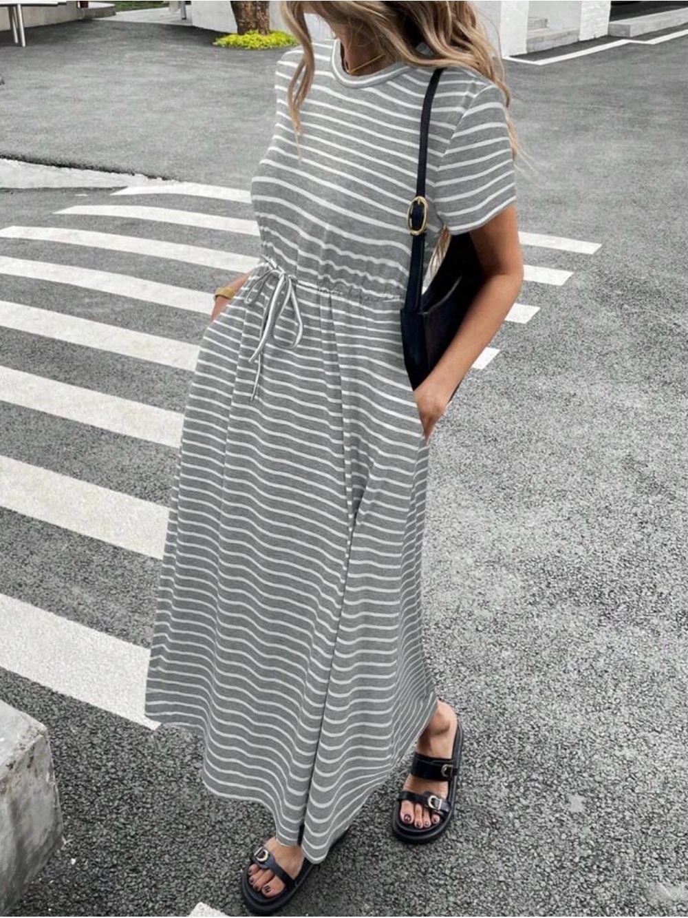 SHEIN Gray & White Striped Short-Sleeve Drawstring Maxi Dress